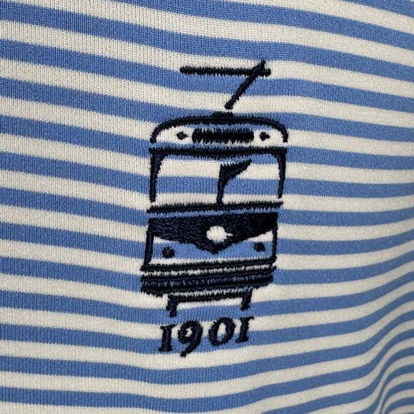 Peter Millar Summer Comfort Polo Shirt Men's Medium Blue White Striped Bus Logo - Picture 2 of 9